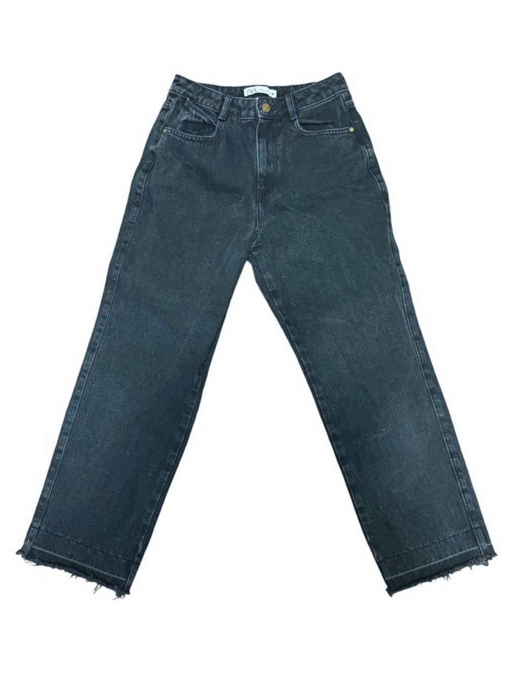 Zara High Waisted Straight Leg Jeans Faded Black Raw Frayed Hem Women's Size 6